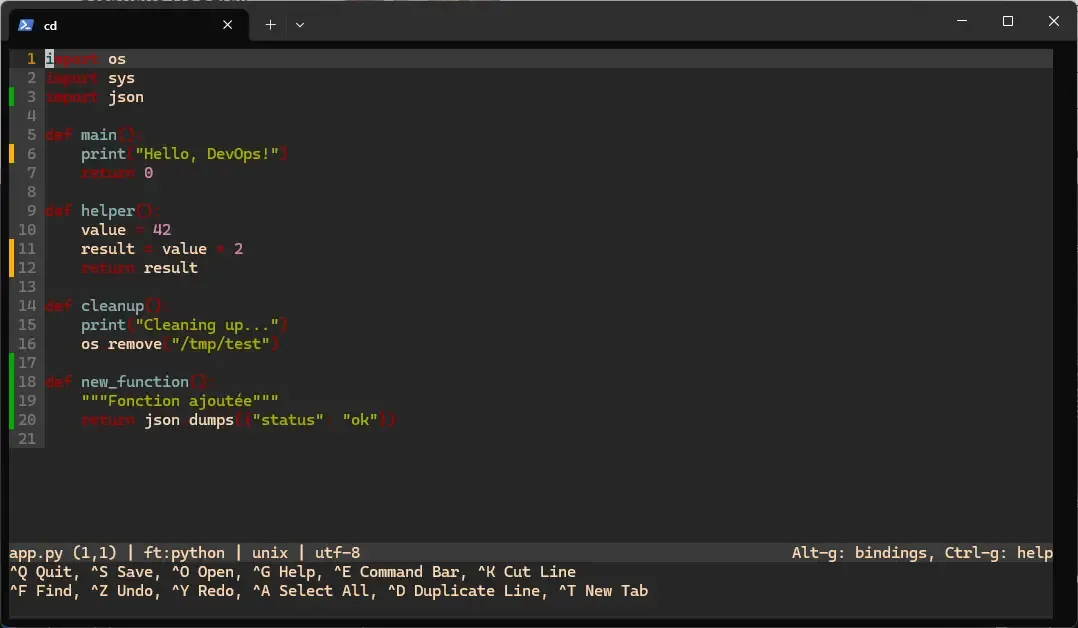 Git diff markers in micro's gutter: + for additions, ~ for changes