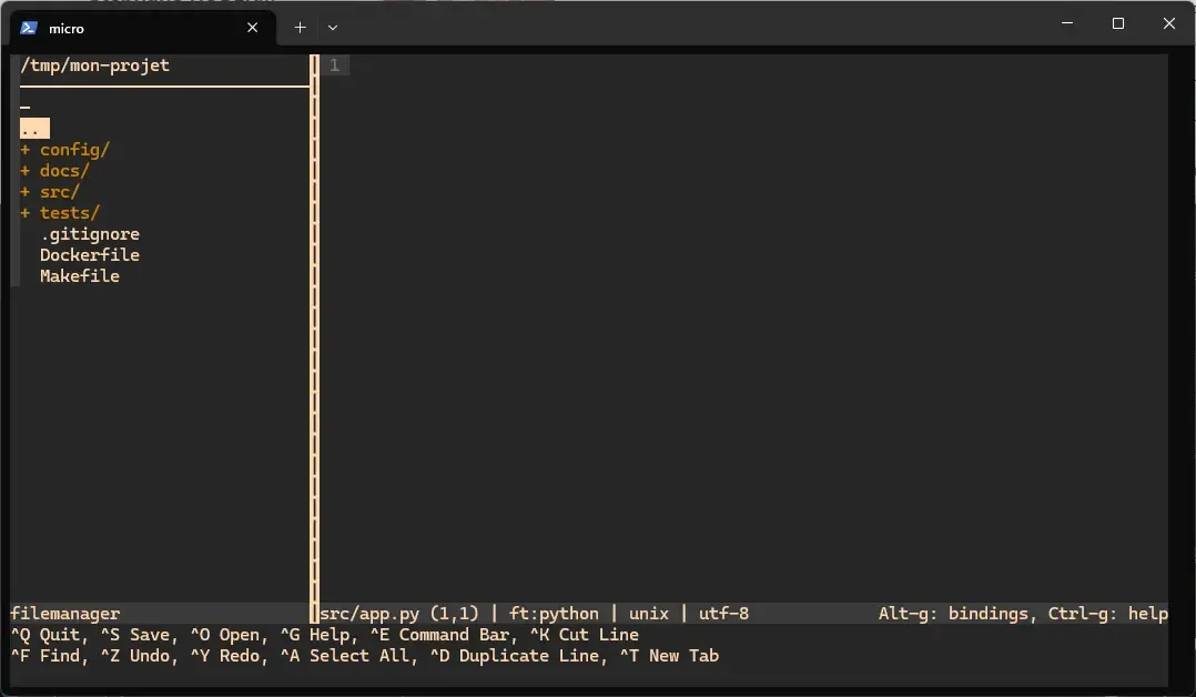 filemanager plugin showing the project tree on the left and the open file on the right