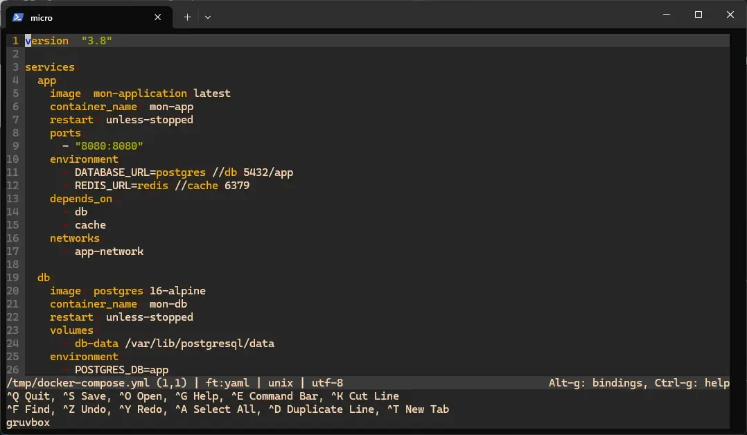 Micro with the Gruvbox scheme on a YAML file, warm tones and rich highlighting