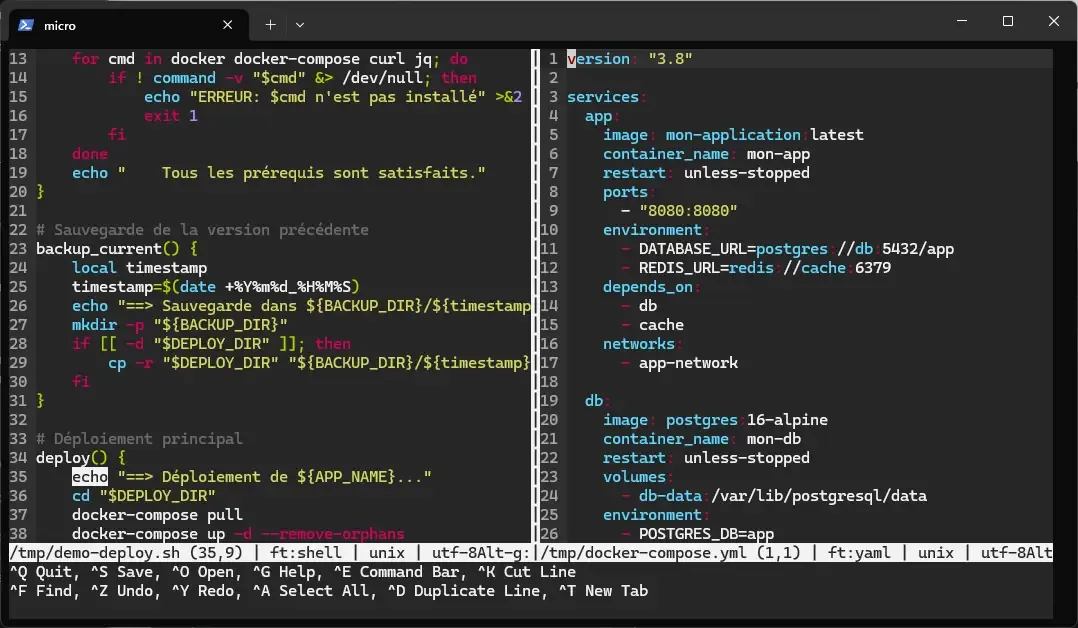 Two files open side by side in a vertical split: bash script on the left and docker-compose.yml on the right