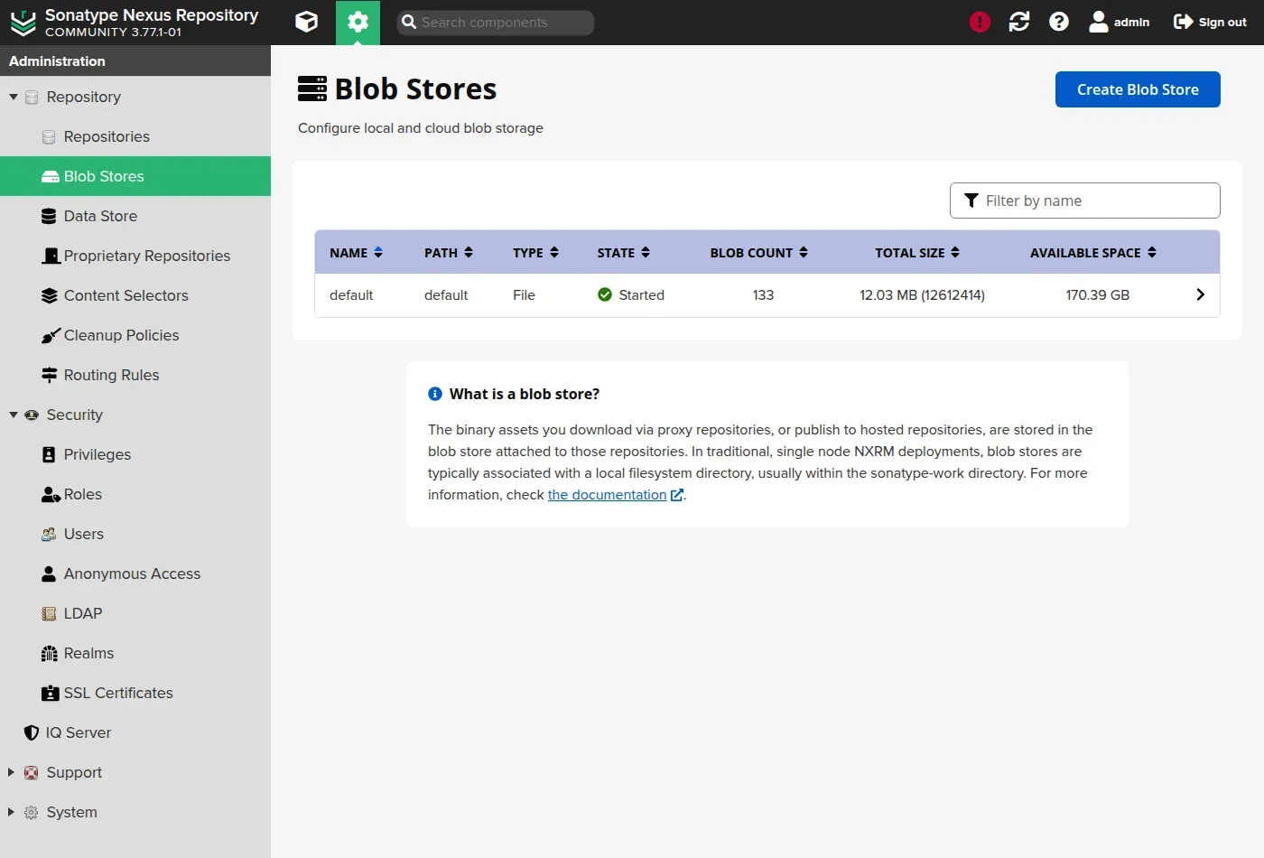 List of blob stores in Nexus: the default blob store of type File with its size and available space