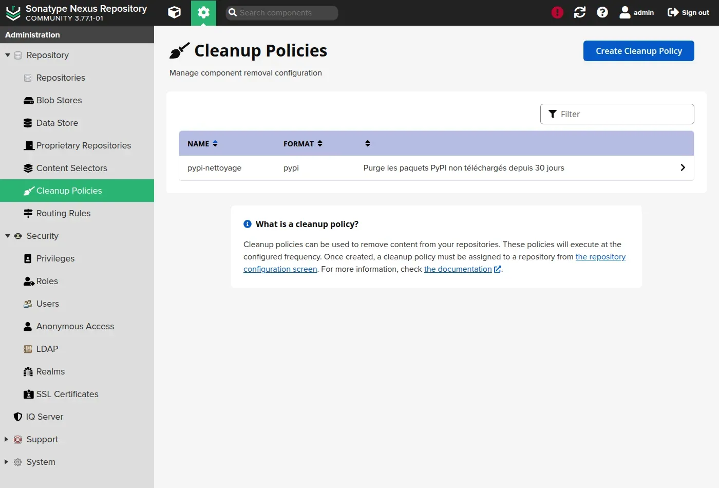 List of cleanup policies in Nexus: a 30-day PyPI purge rule