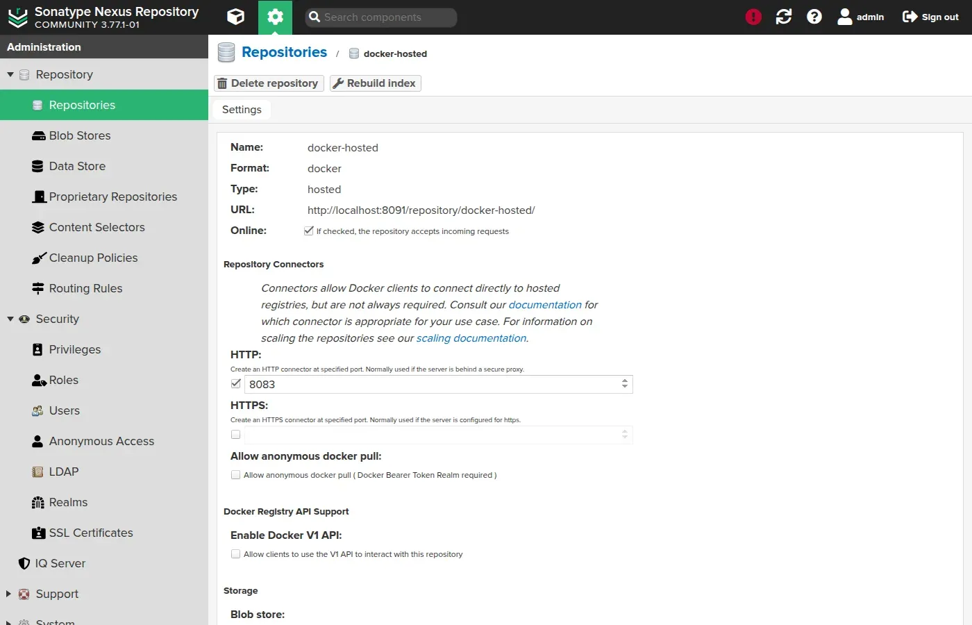 Configuration of the docker-hosted repository in Nexus: the HTTP connector enabled on a dedicated port
