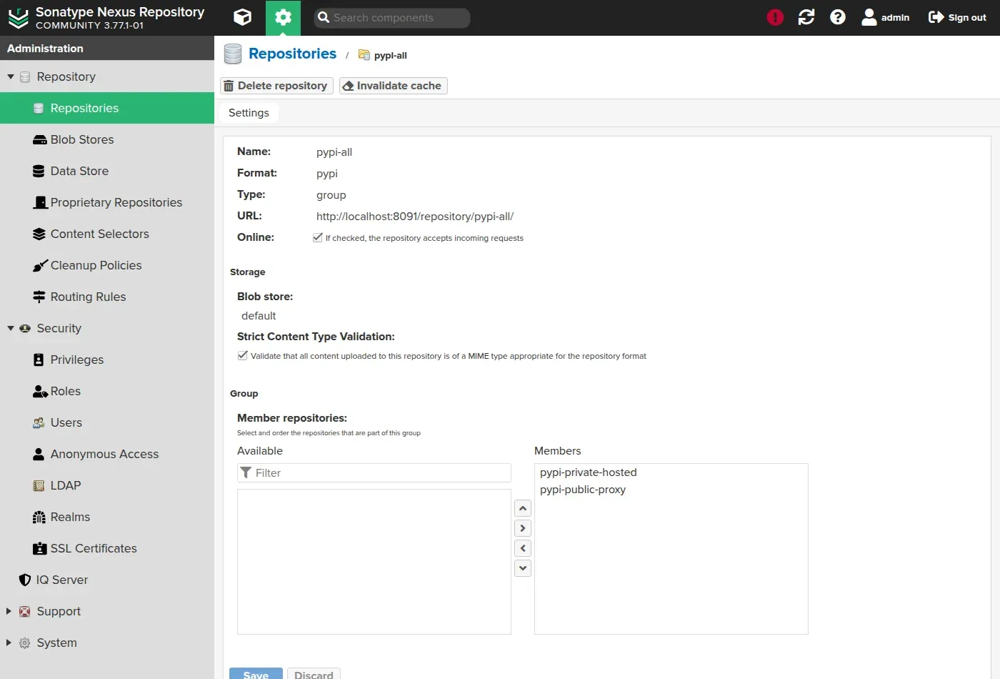 Configuration of a PyPI group repository in Nexus: the hosted and proxy members in order