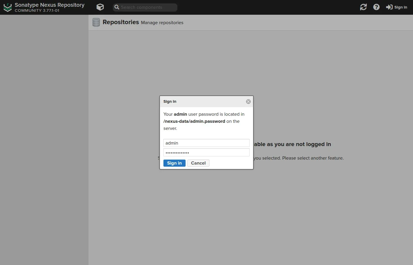 Nexus sign-in window with the username and password fields