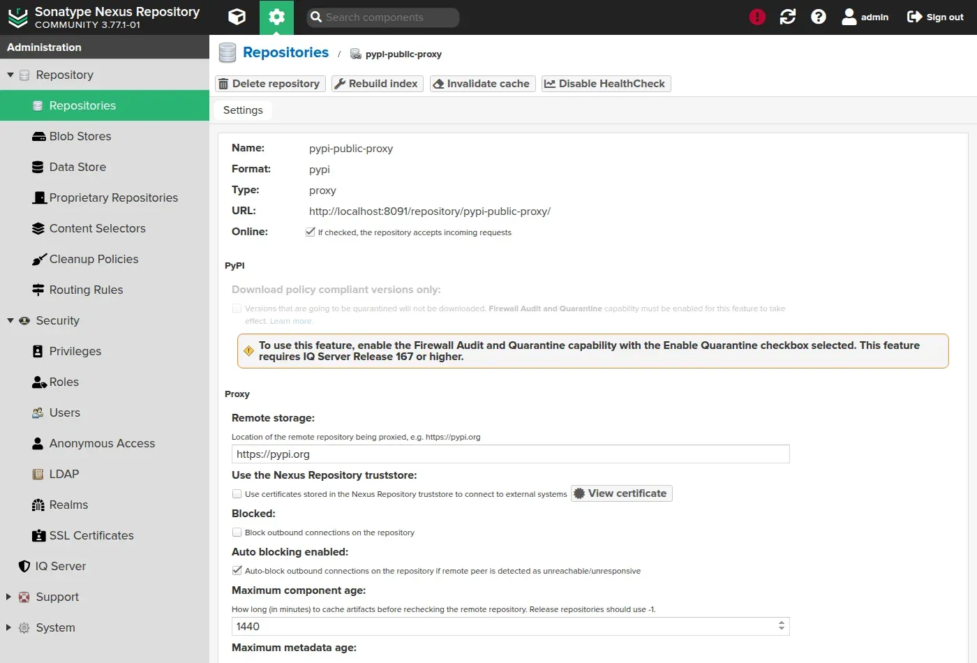 Configuration of a PyPI proxy repository in Nexus: remote URL pypi.org and maximum component age