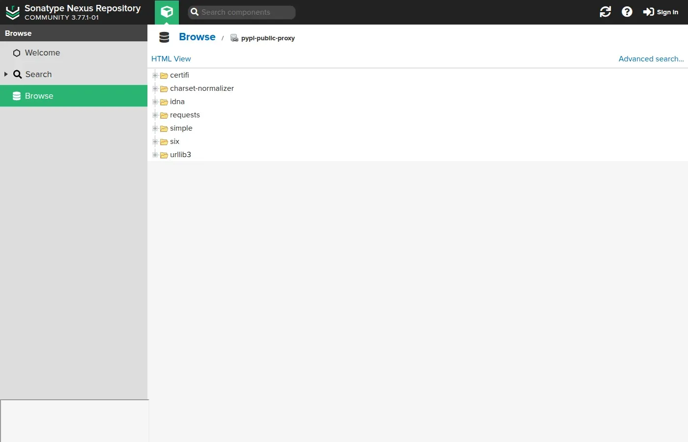 Browse view of the pypi-public-proxy repository in Nexus: the cached packages including six