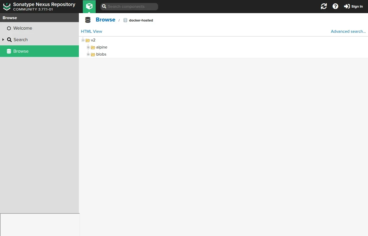 Browse view of the docker-hosted repository in Nexus: the pushed alpine image appears under v2