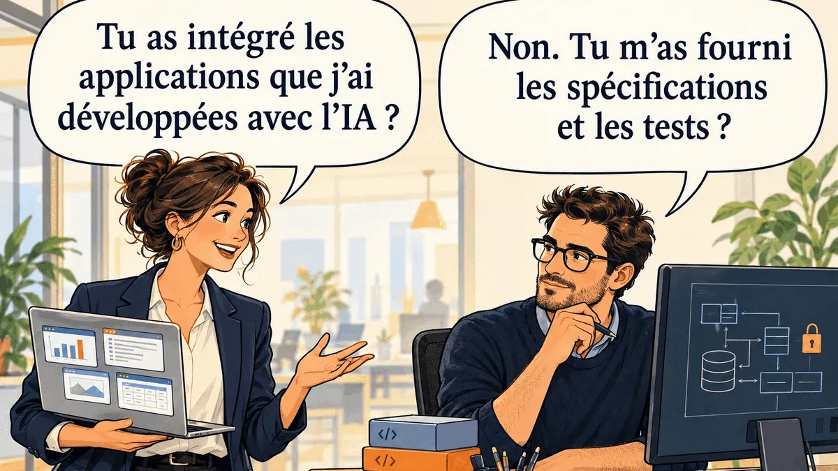 Une responsable métier présente les applications qu'elle a générées avec l'IA ; un développeur lui demande les spécifications et les tests