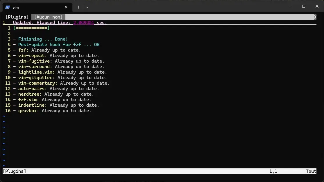 Installation des 12 plugins avec vim-plug, tous les plugins sont téléchargés en parallèle
