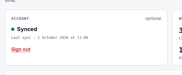 The Account card of a linked and synced browser: the title Synced, the last sync date and the Sign out link